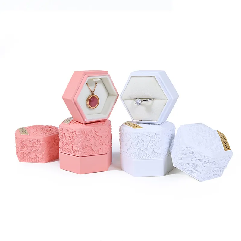 Custom Plastic Set Box Jewelry Box Necklace Ring Large Luxury Jewelry Packaging Hexagonal Emboss Flower Box