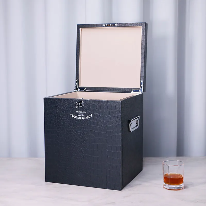 Handmade Premium Empty Wooden Leather Whisky Wine Box with Lock Premium Glass Boxes Case