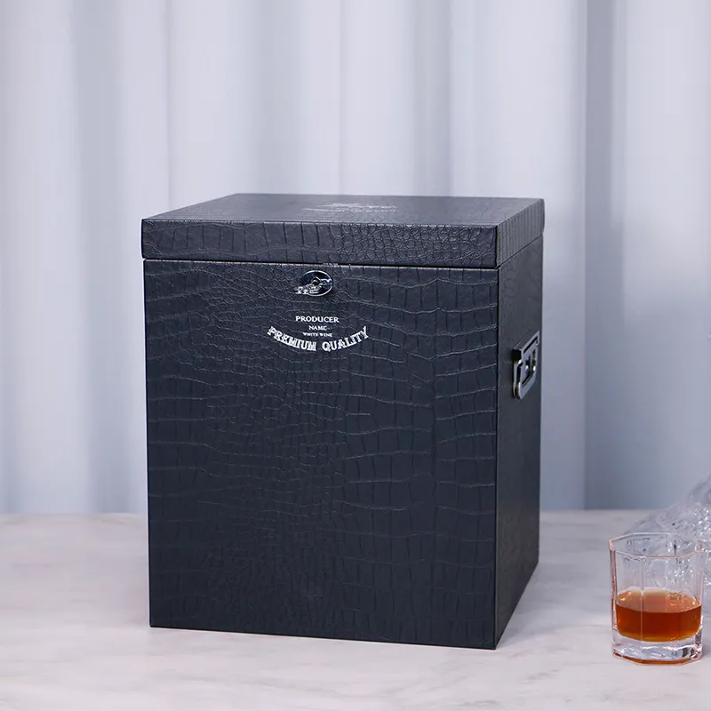 Handmade Premium Empty Wooden Leather Whisky Wine Box with Lock Premium Glass Boxes Case