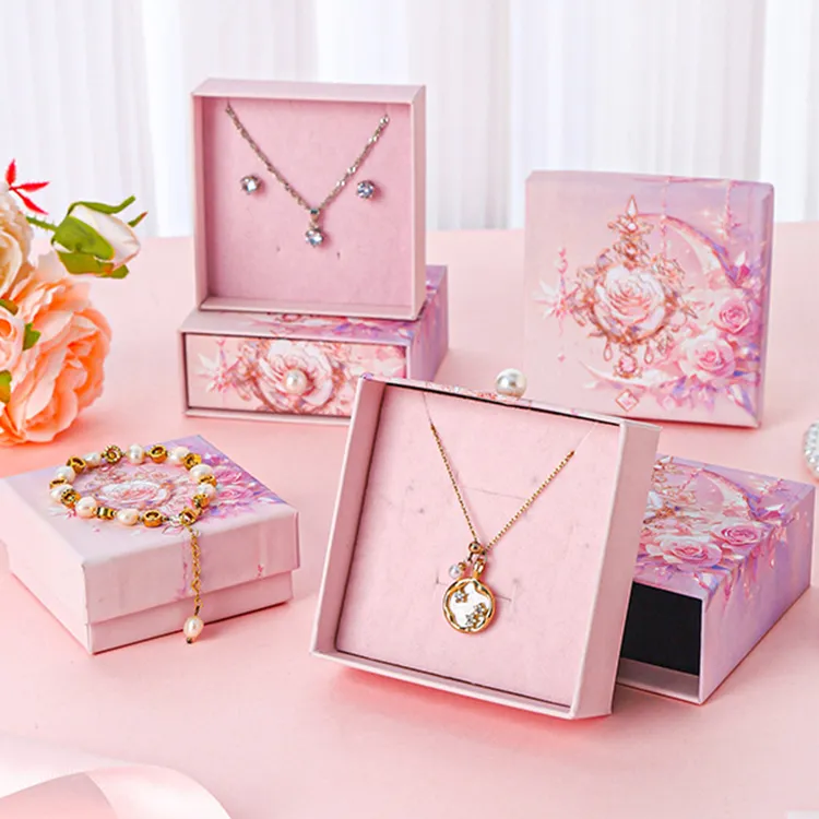 Custom Logo Size Drawer Jewelry Box UV Hot Stamping Embossing Magnetic Closure Ribbon Ring Earrings Bracelet Luxury Gift Boxes