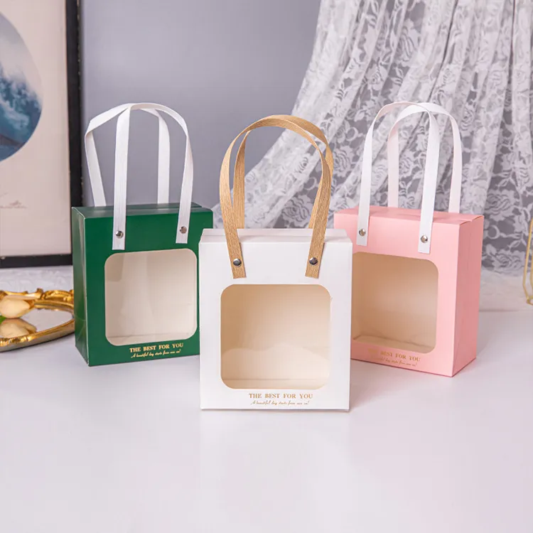 Custom Paper Gift Bags with Window White Card Clothing Packaging Bags with Handle for Bakery Candy & Retail Gift Packaging