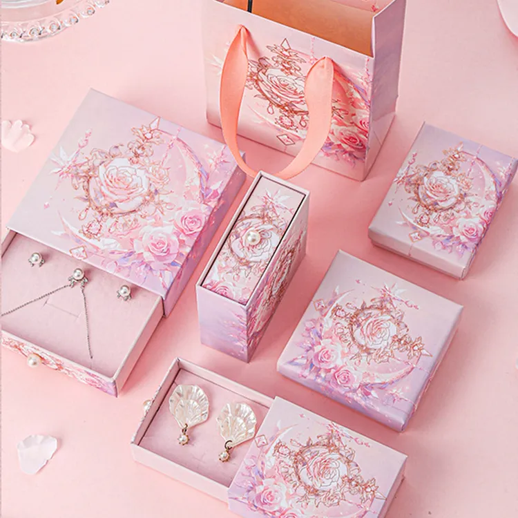 Custom Logo Size Drawer Jewelry Box UV Hot Stamping Embossing Magnetic Closure Ribbon Ring Earrings Bracelet Luxury Gift Boxes