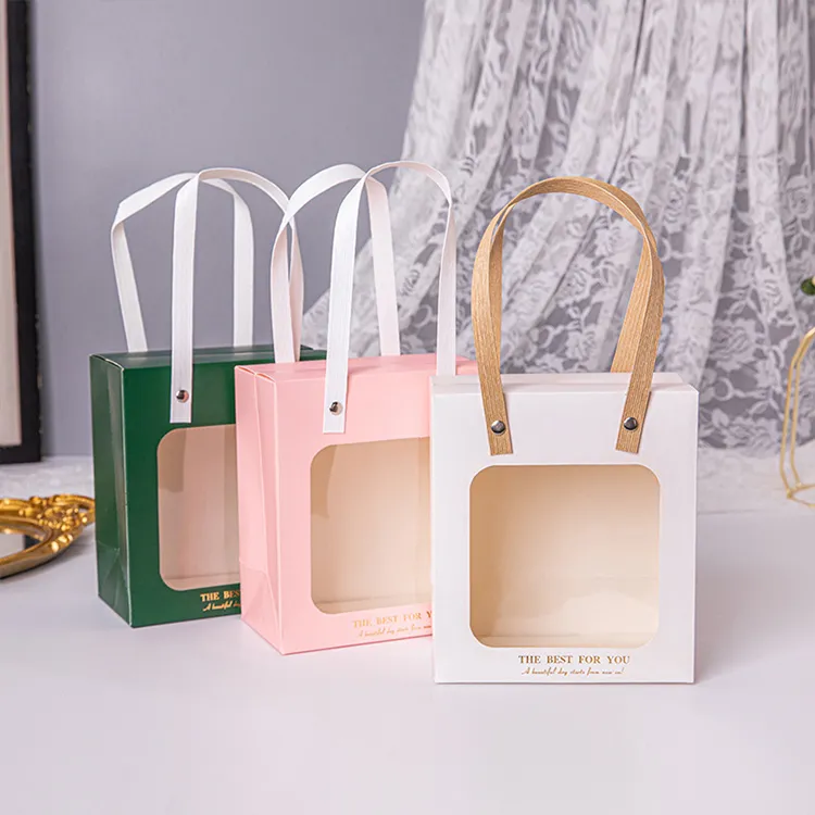Custom Paper Gift Bags with Window White Card Clothing Packaging Bags with Handle for Bakery Candy & Retail Gift Packaging