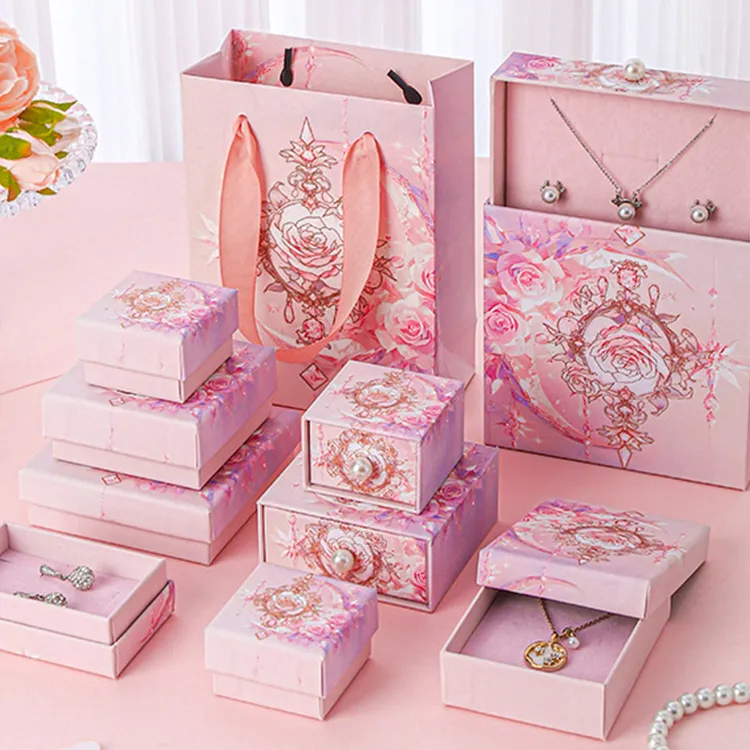 Custom Logo Size Drawer Jewelry Box UV Hot Stamping Embossing Magnetic Closure Ribbon Ring Earrings Bracelet Luxury Gift Boxes