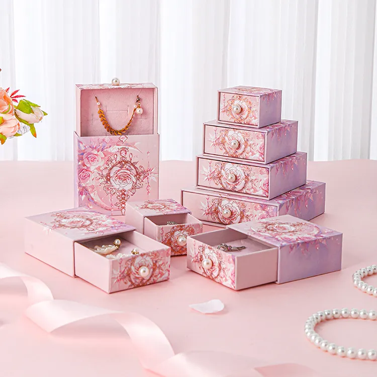 Custom Logo Size Drawer Jewelry Box UV Hot Stamping Embossing Magnetic Closure Ribbon Ring Earrings Bracelet Luxury Gift Boxes