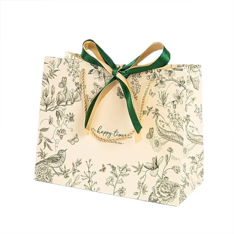 Luxury Custom Gift Bags with Ribbon Floral Printed Paper Gift Bags White Card Clothing Shopping Bags for Retail Packaging