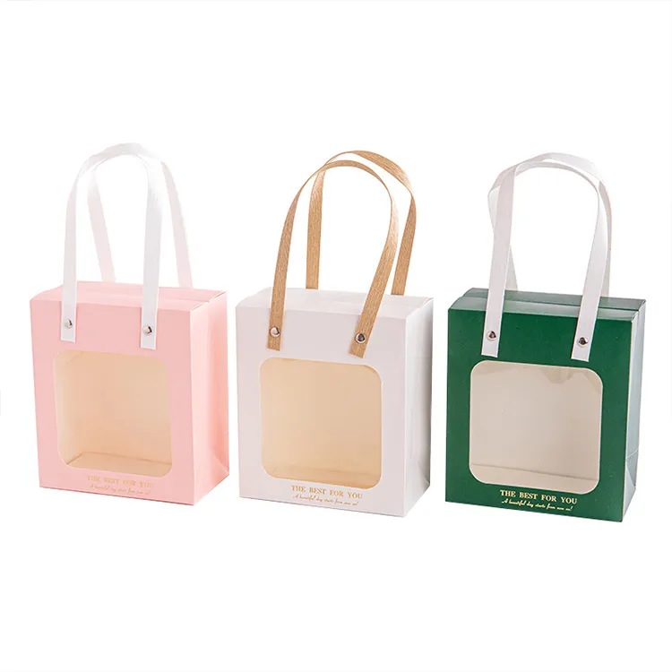 Custom Paper Gift Bags with Window White Card Clothing Packaging Bags with Handle for Bakery Candy & Retail Gift Packaging