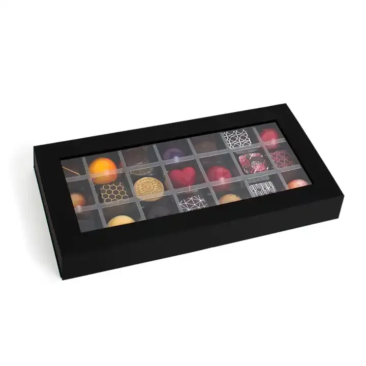 Custom Empty Black Compartment Chocolate Truffle Box Packaging with Window Boxes for Truffles