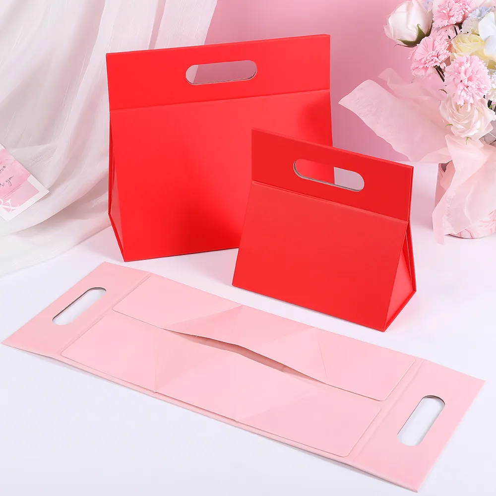 Folding Gift Box Souvenir Magnetic Closure Portable Shopping Packaging Box Gold Pink Triangular Shaped Recycled Materials