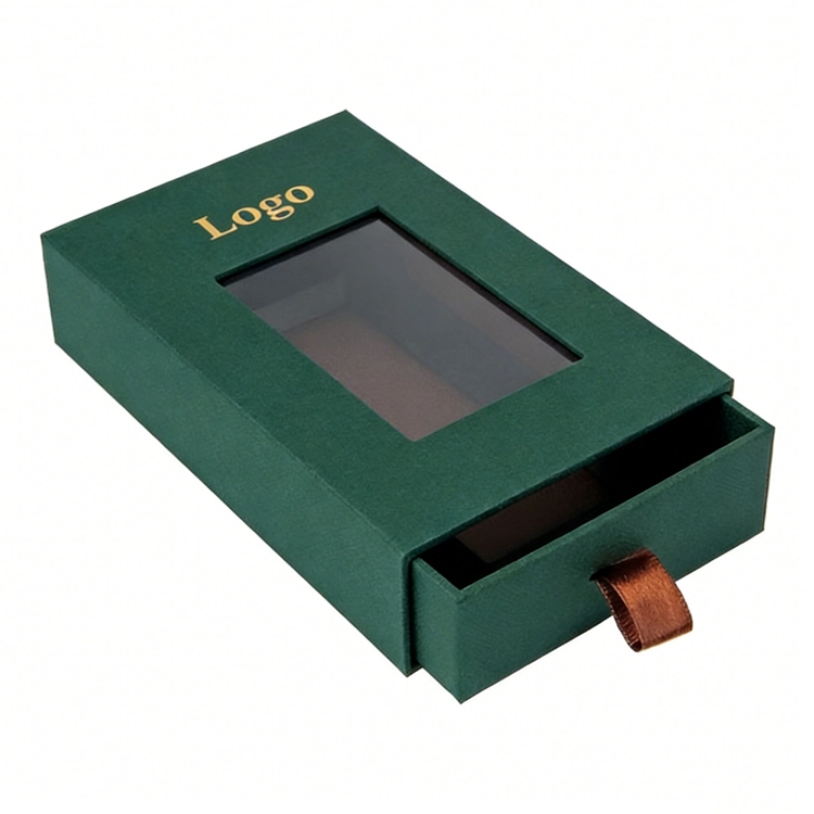 Cardboard Sliding Drawer Packaging Box with Custom Logo Matt Lamination Embossing Small Brown Window Design Gift Box