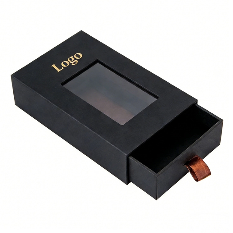 Cardboard Sliding Drawer Packaging Box with Custom Logo Matt Lamination Embossing Small Brown Window Design Gift Box