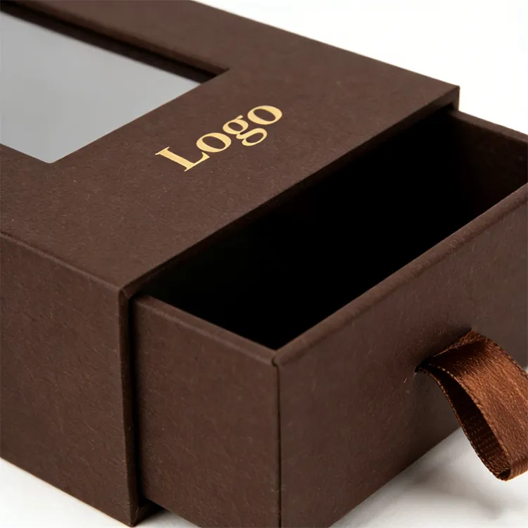 Cardboard Sliding Drawer Packaging Box with Custom Logo Matt Lamination Embossing Small Brown Window Design Gift Box