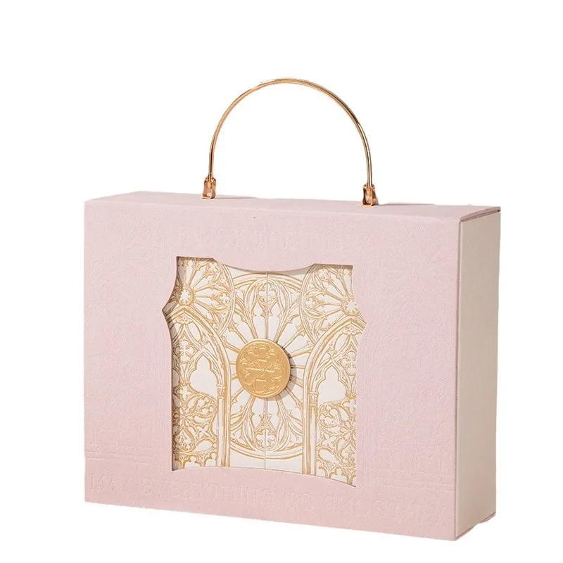 Luxury Custom Logo Laminated Paperboard Rigid Gift Box Magnetic Closure Handle Hollow-out Window Design for Wedding Candy Candle