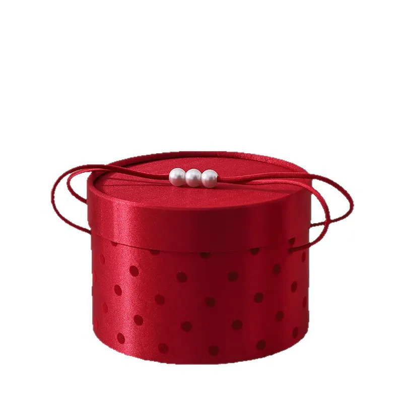 Wholesale Handmade Pearl Decor Wedding Red Polka Dot Customizable Magnetic Closure Luxury Square Satin Handle Gift Box