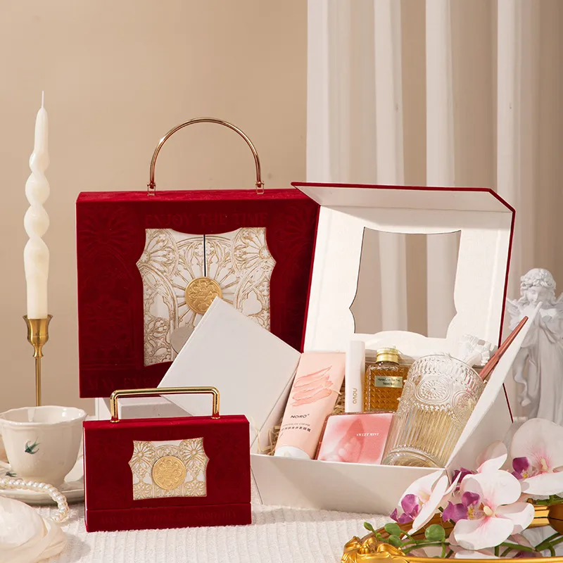 Luxury Custom Logo Laminated Paperboard Rigid Gift Box Magnetic Closure Handle Hollow-out Window Design for Wedding Candy Candle