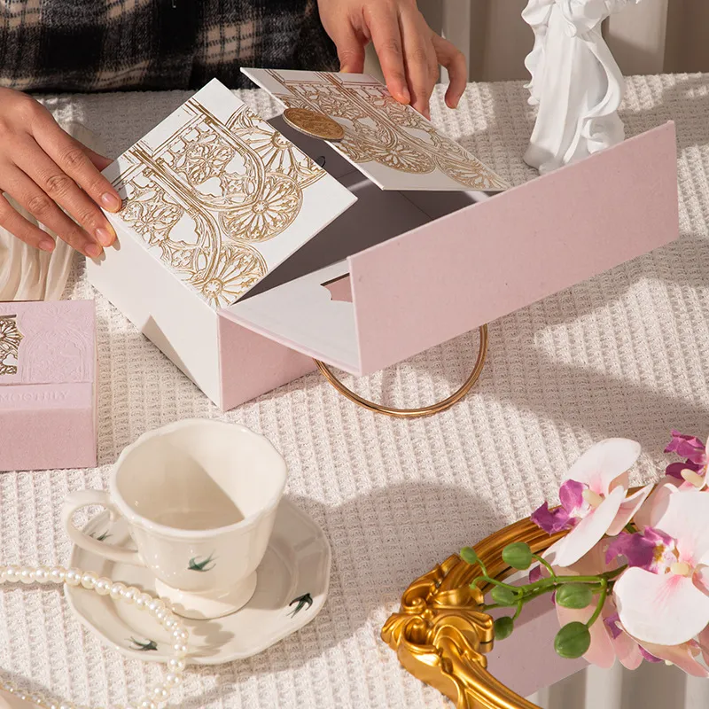Luxury Custom Logo Laminated Paperboard Rigid Gift Box Magnetic Closure Handle Hollow-out Window Design for Wedding Candy Candle