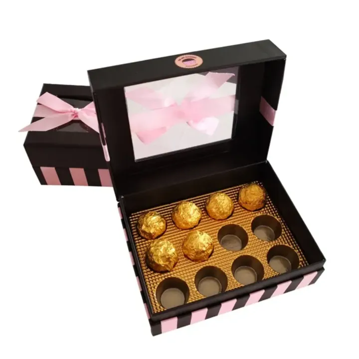 Customized High-end Chocolate Rigid Linked Box Recycled Paperboard Gold Foil Label Closure Handle for Food Cosmetics Gift