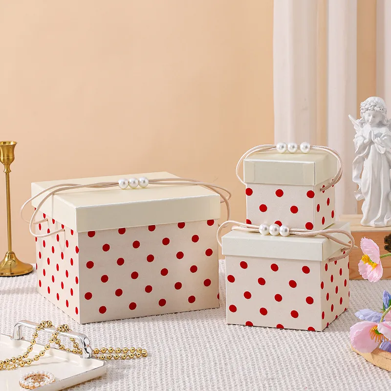 Wholesale Handmade Pearl Decor Wedding Red Polka Dot Customizable Magnetic Closure Luxury Square Satin Handle Gift Box