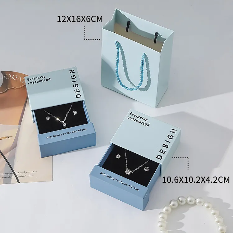 Wholesale Customizable Blue Texture Square Jewelry Storage Packaging Set Box Magnetic Closure Handle Ribbon Sponge for Rings