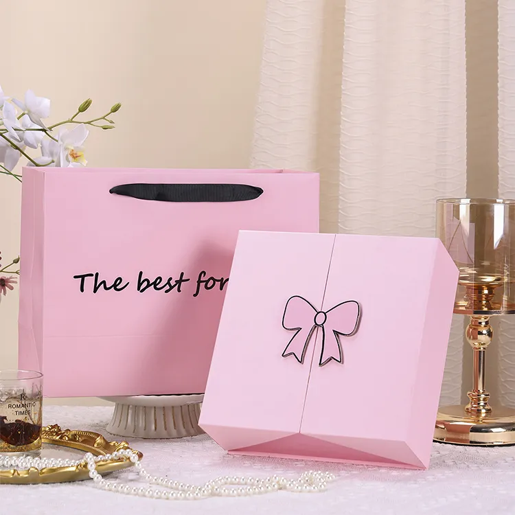 Customized Design Premium Square Birthday Gift Box Pink Bow Grey Cardboard Recyclable Recycled Materials UV Coating Packaging