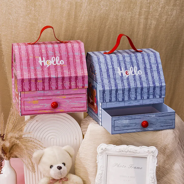 Custom Modern Cute Double-Layer Door Paper House Shape Foldable Magnetic Closure Glossy Lamination Baby Gift Packaging Boxes