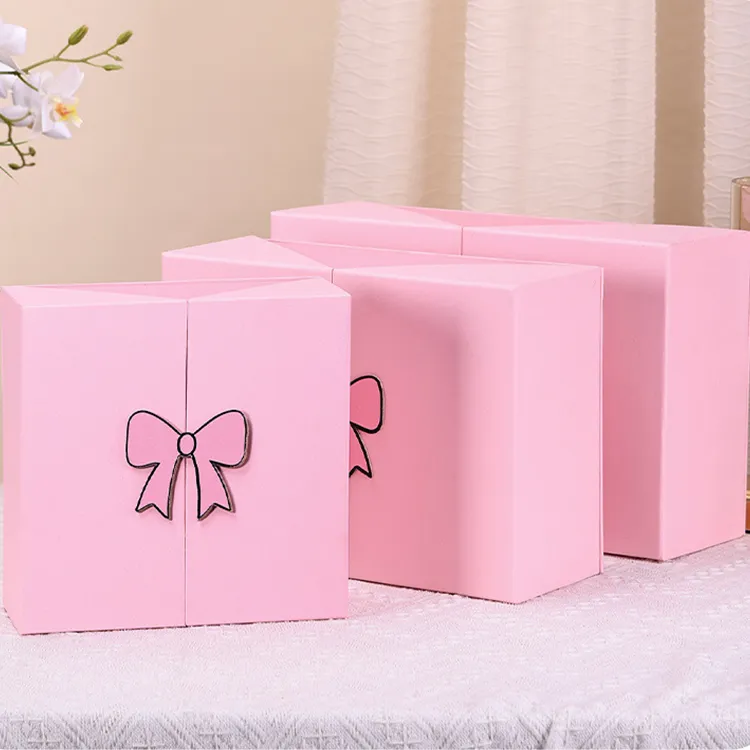 Customized Design Premium Square Birthday Gift Box Pink Bow Grey Cardboard Recyclable Recycled Materials UV Coating Packaging