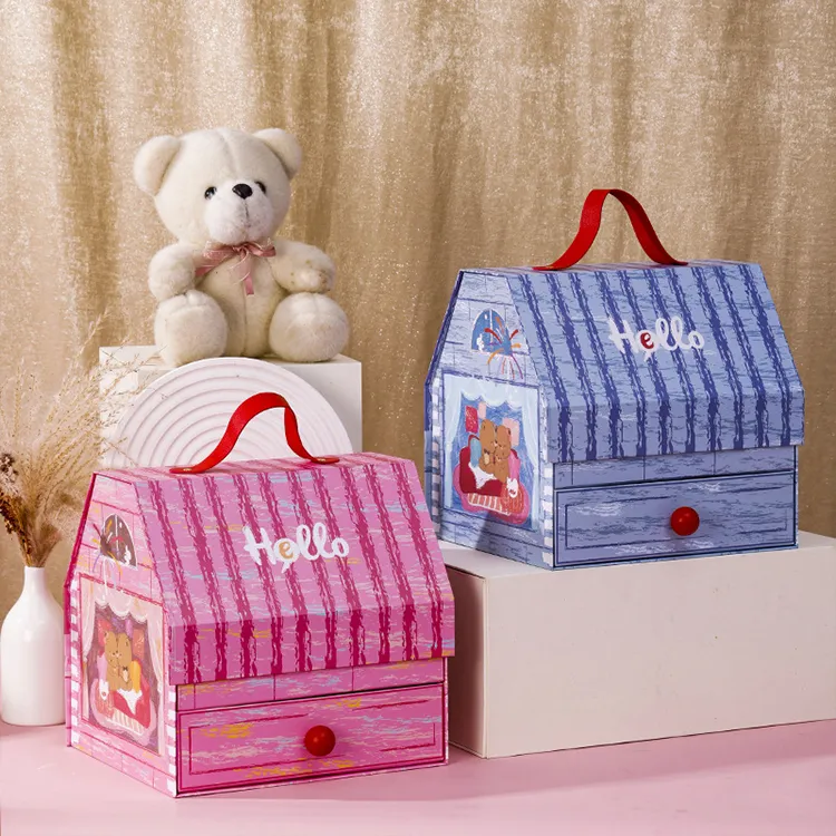 Custom Modern Cute Double-Layer Door Paper House Shape Foldable Magnetic Closure Glossy Lamination Baby Gift Packaging Boxes