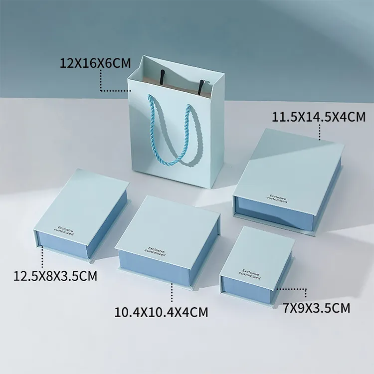 Wholesale Customizable Blue Texture Square Jewelry Storage Packaging Set Box Magnetic Closure Handle Ribbon Sponge for Rings