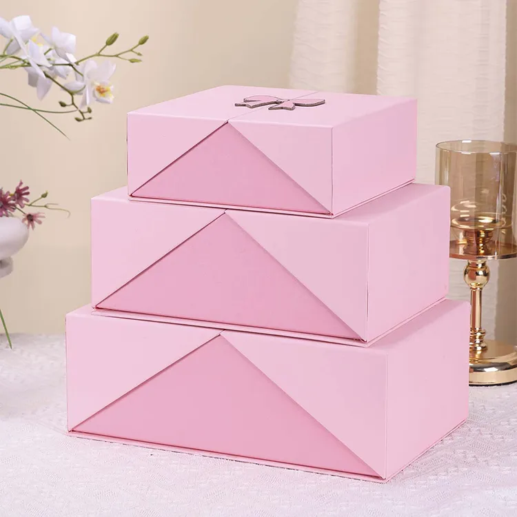 Customized Design Premium Square Birthday Gift Box Pink Bow Grey Cardboard Recyclable Recycled Materials UV Coating Packaging