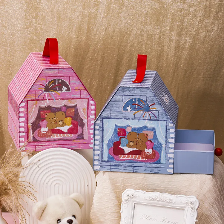 Custom Modern Cute Double-Layer Door Paper House Shape Foldable Magnetic Closure Glossy Lamination Baby Gift Packaging Boxes
