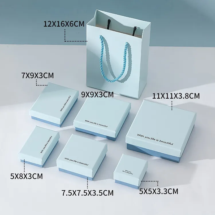 Wholesale Customizable Blue Texture Square Jewelry Storage Packaging Set Box Magnetic Closure Handle Ribbon Sponge for Rings