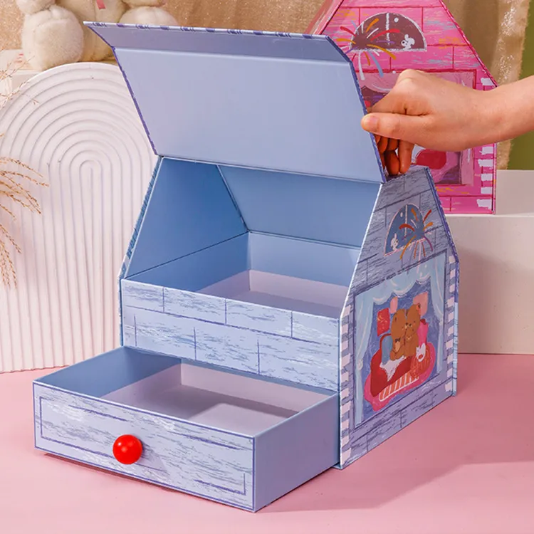 Custom Modern Cute Double-Layer Door Paper House Shape Foldable Magnetic Closure Glossy Lamination Baby Gift Packaging Boxes