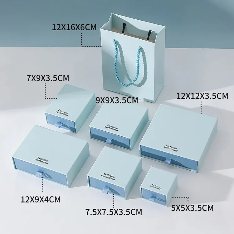 Wholesale Customizable Blue Texture Square Jewelry Storage Packaging Set Box Magnetic Closure Handle Ribbon Sponge for Rings