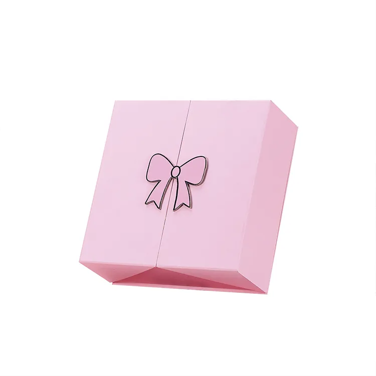Customized Design Premium Square Birthday Gift Box Pink Bow Grey Cardboard Recyclable Recycled Materials UV Coating Packaging