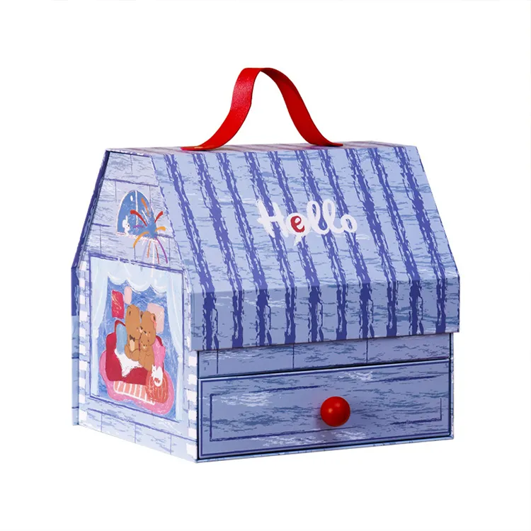 Custom Modern Cute Double-Layer Door Paper House Shape Foldable Magnetic Closure Glossy Lamination Baby Gift Packaging Boxes
