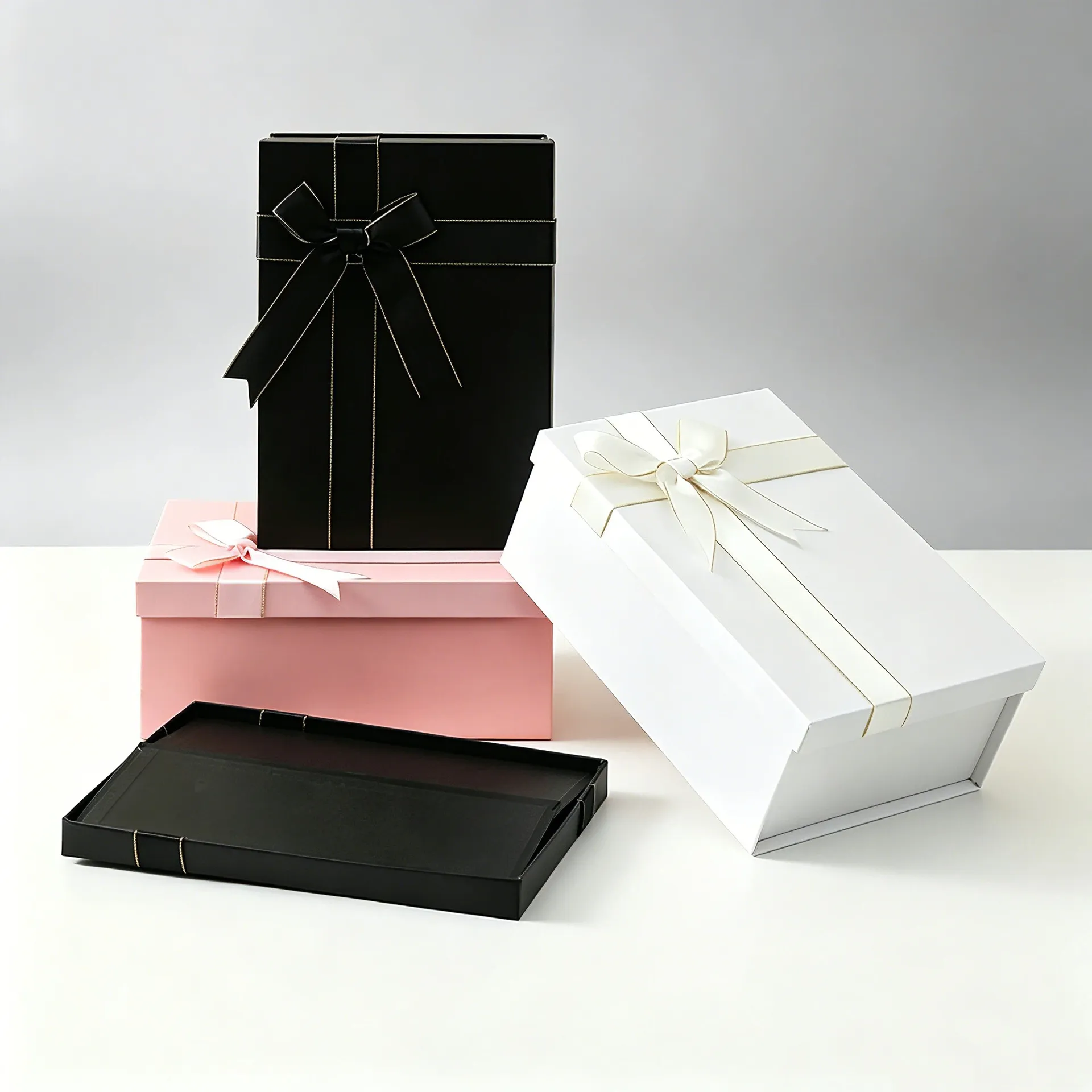Folding Rigid Heaven And Earth Cover Gift Box With Bow Ribbon Matte Black Large Shoes & Clothing Packaging Recycled Materials