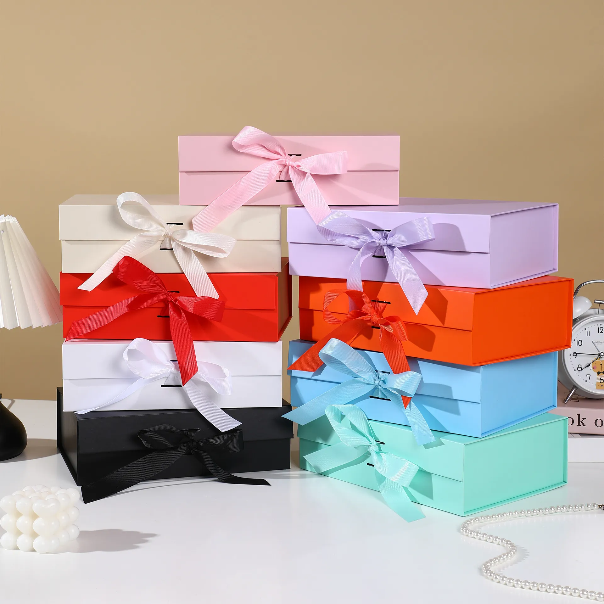 Custom Logo Size Luxury Magnetic Flip Cosmetic Packaging Gift Box With Embossing Recycled Materials Ribbon Closure