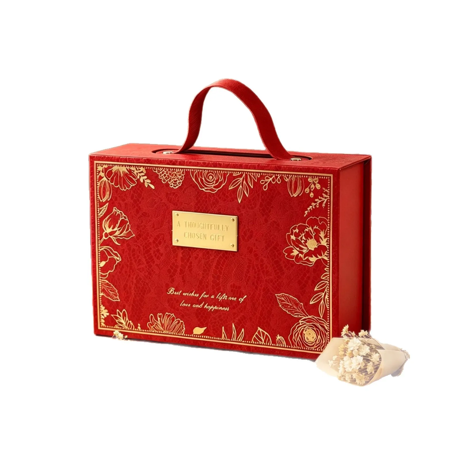 Luxury Stamping Printed Glossy Lamination UV Coating Magnetic Handle Tote Rigid Paper Box for Wedding Engagement Gift Packaging