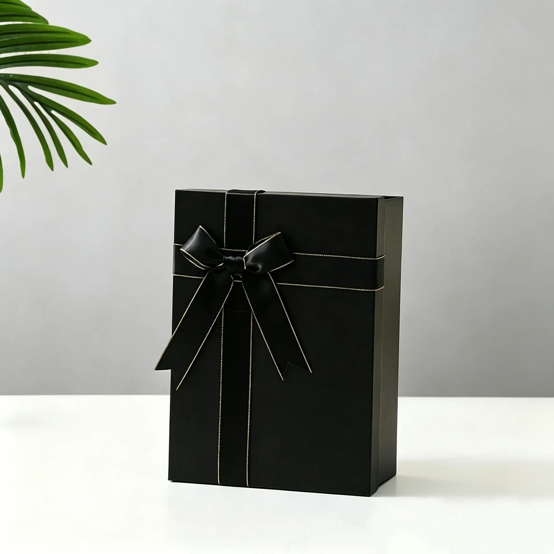 Folding Rigid Heaven and Earth Cover Gift Box with Bow Ribbon Matte Black Large Shoes & Clothing Packaging Recycled Materials