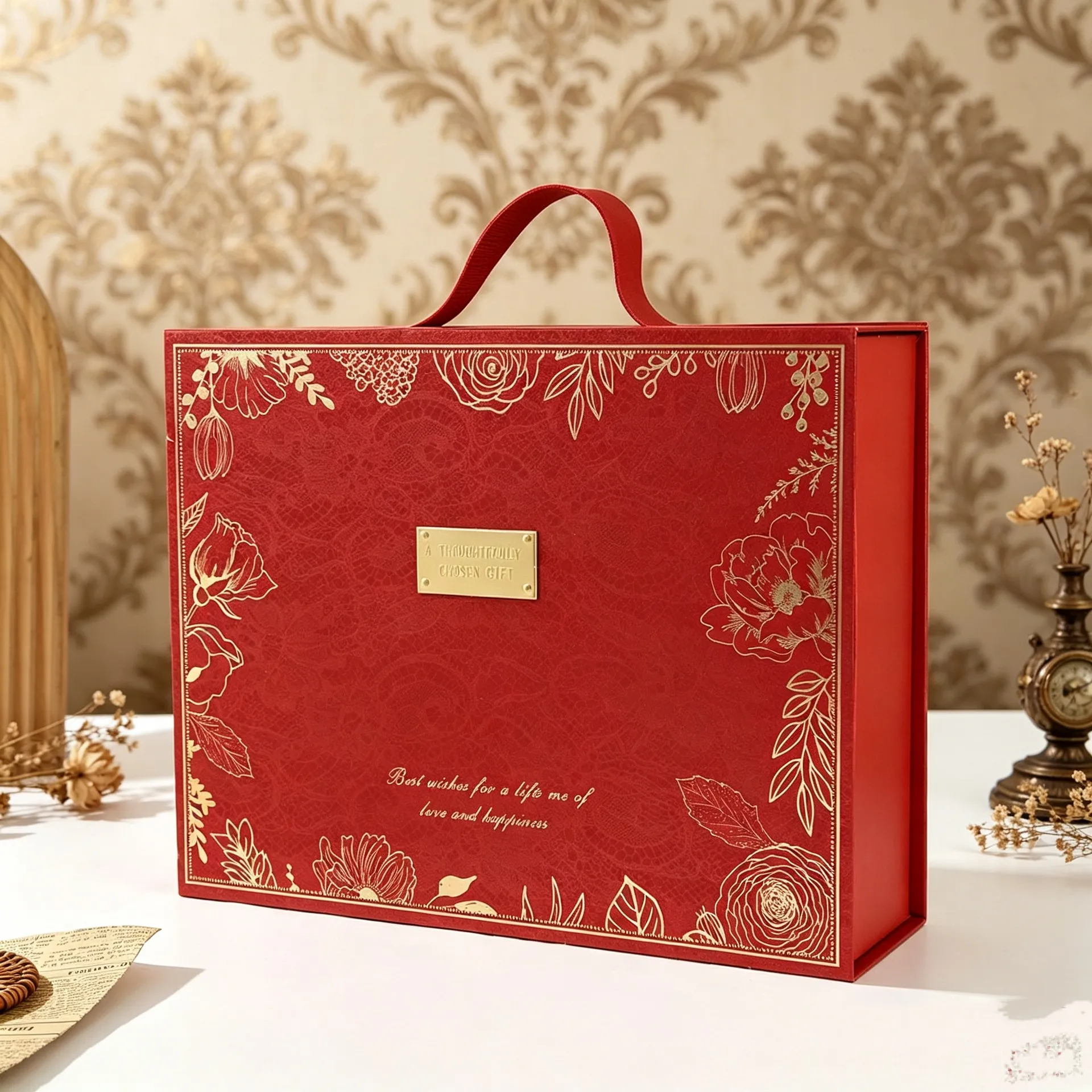 Luxury Stamping Printed Glossy Lamination UV Coating Magnetic Handle Tote Rigid Paper Box for Wedding Engagement Gift Packaging