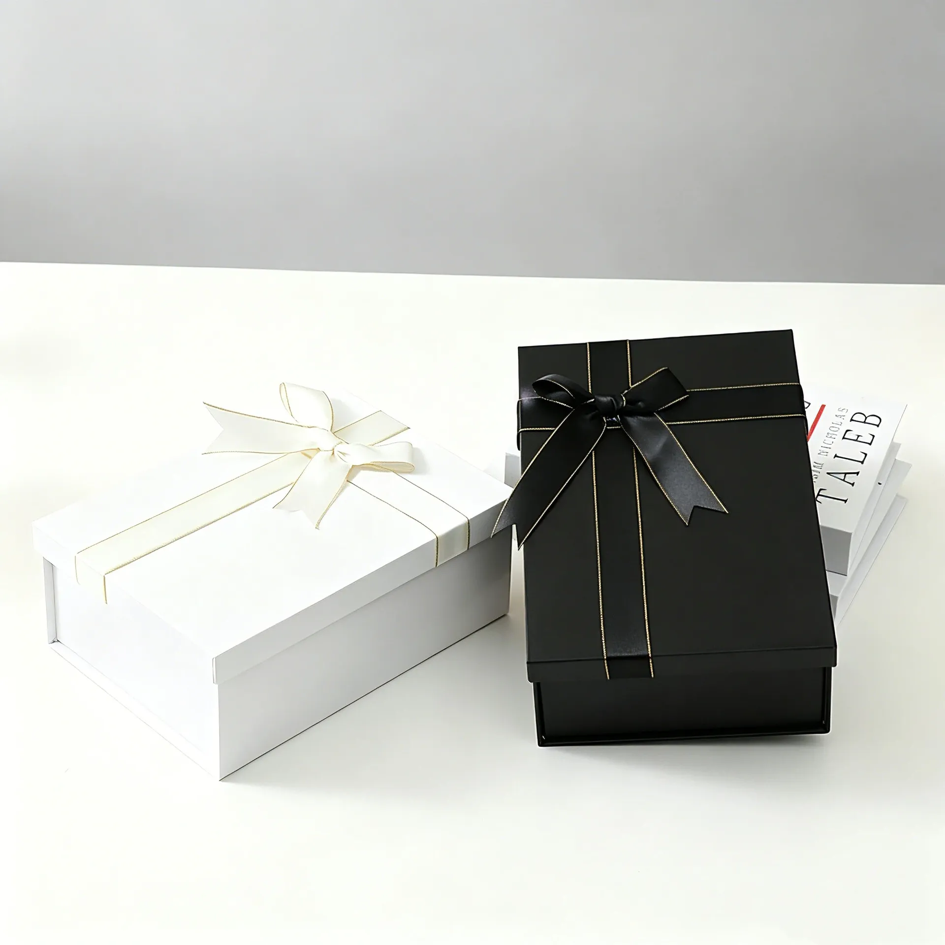 Folding Rigid Heaven and Earth Cover Gift Box with Bow Ribbon Matte Black Large Shoes & Clothing Packaging Recycled Materials
