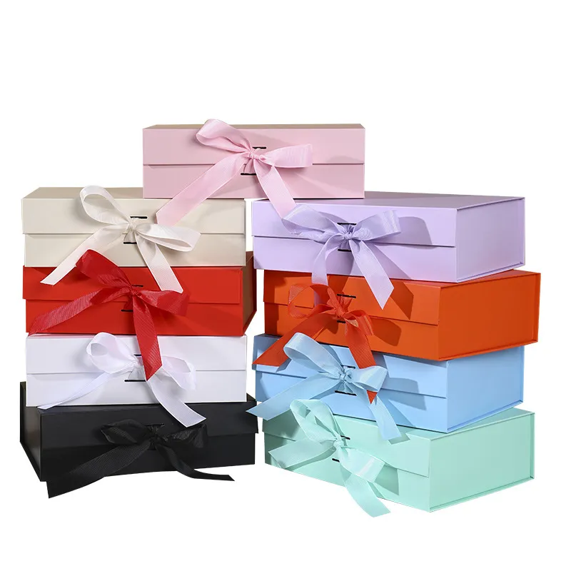 Custom Logo Size Luxury Magnetic Flip Cosmetic Packaging Gift Box with Embossing Recycled Materials Ribbon Closure
