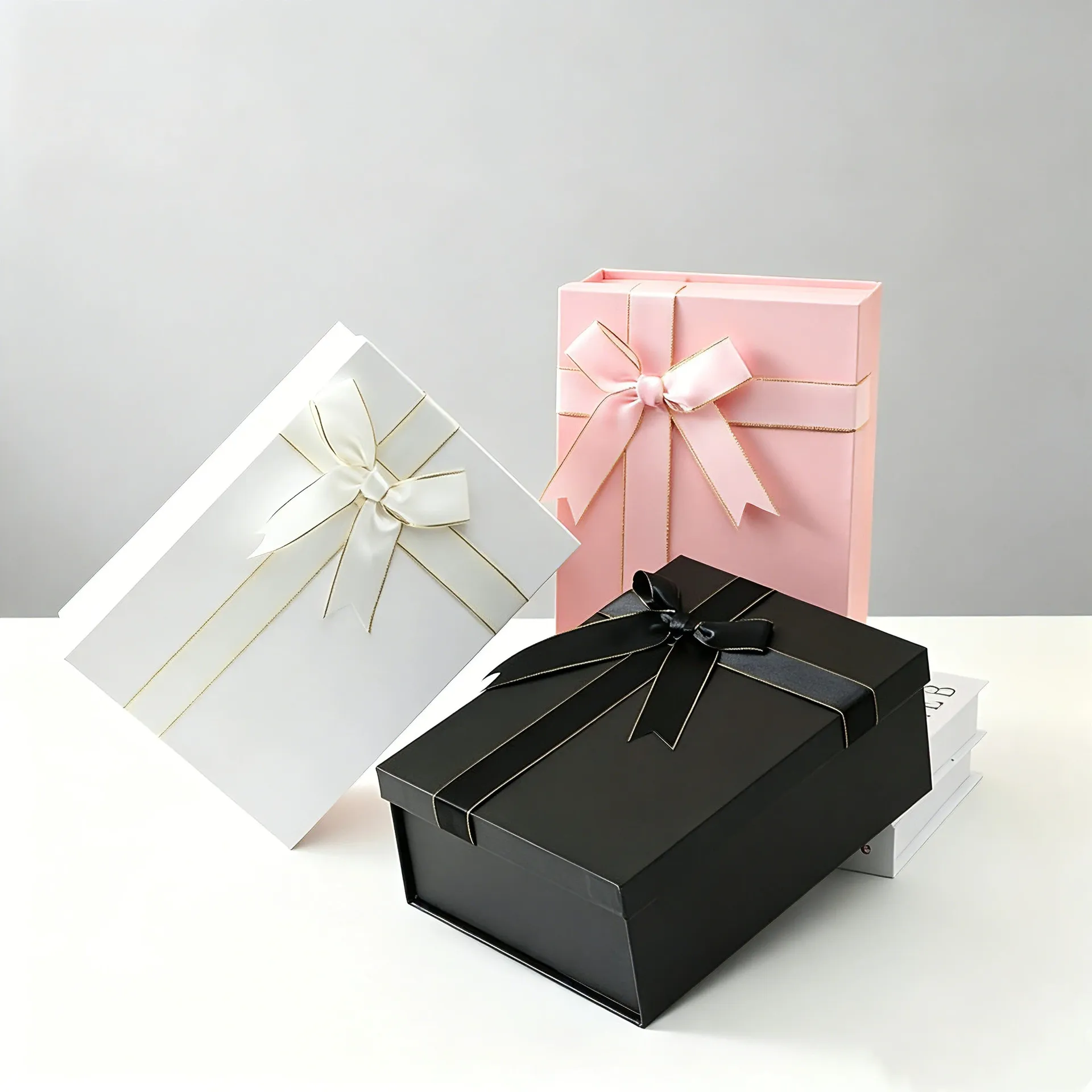 Folding Rigid Heaven and Earth Cover Gift Box with Bow Ribbon Matte Black Large Shoes & Clothing Packaging Recycled Materials