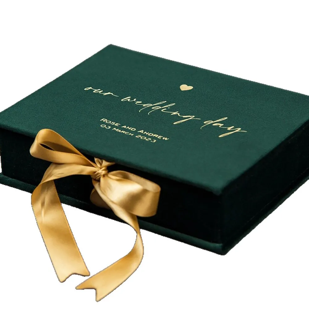Luxury Custom Green Velvet Gift Box Gold Foil Hot Stamping UV Coating Wedding Anniversary Bridesmaid with Silk Ribbon